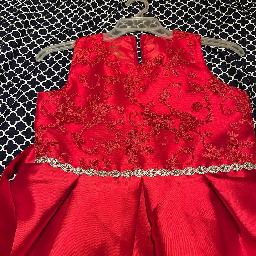 Girls red dress, rhinestone jeweled waist accent